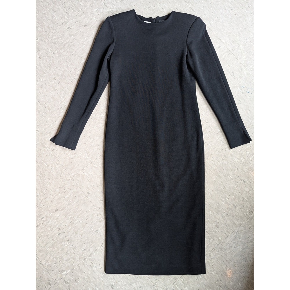 Vintage Cathy Hardwick 80s Wool Black Dress Flute Wrist Shoulder Pads Marios - Picture 3 of 12